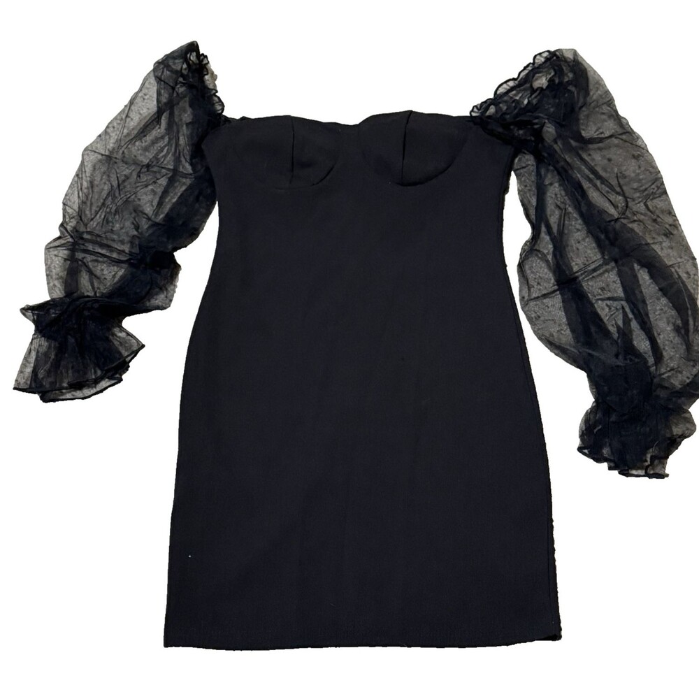 Shein Mini Cocktail Party Dress Small Black Sheer Long Puff Sleeve Chic‎ Bodycon